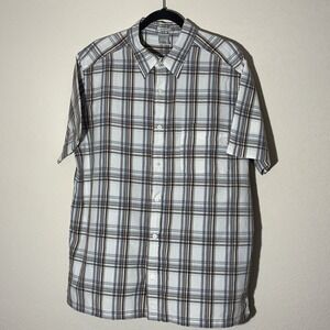 Old Navy Casual Button Up Shirt Mens L Vintage Fit Brown Blue Plaid Cotton Basic